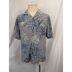 Tommy Bahama Shirt Large Silk Grey Blue Tropical Palm Leaf Camp Button Up